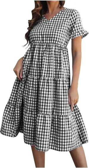 Womens Short Sleeve Dresses Summer Fashion Casual V Neck Plaid Print Ruffles Pleated Smocked Loose Swing Mini Dress