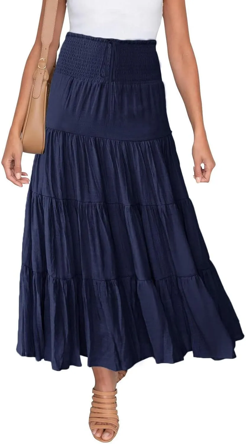 Women's Skirts Summer Boho Elastic Waist A-Line Beach Flowy Swing Dress Ruffle Hem Tiered Maxi Skirt with Pockets
