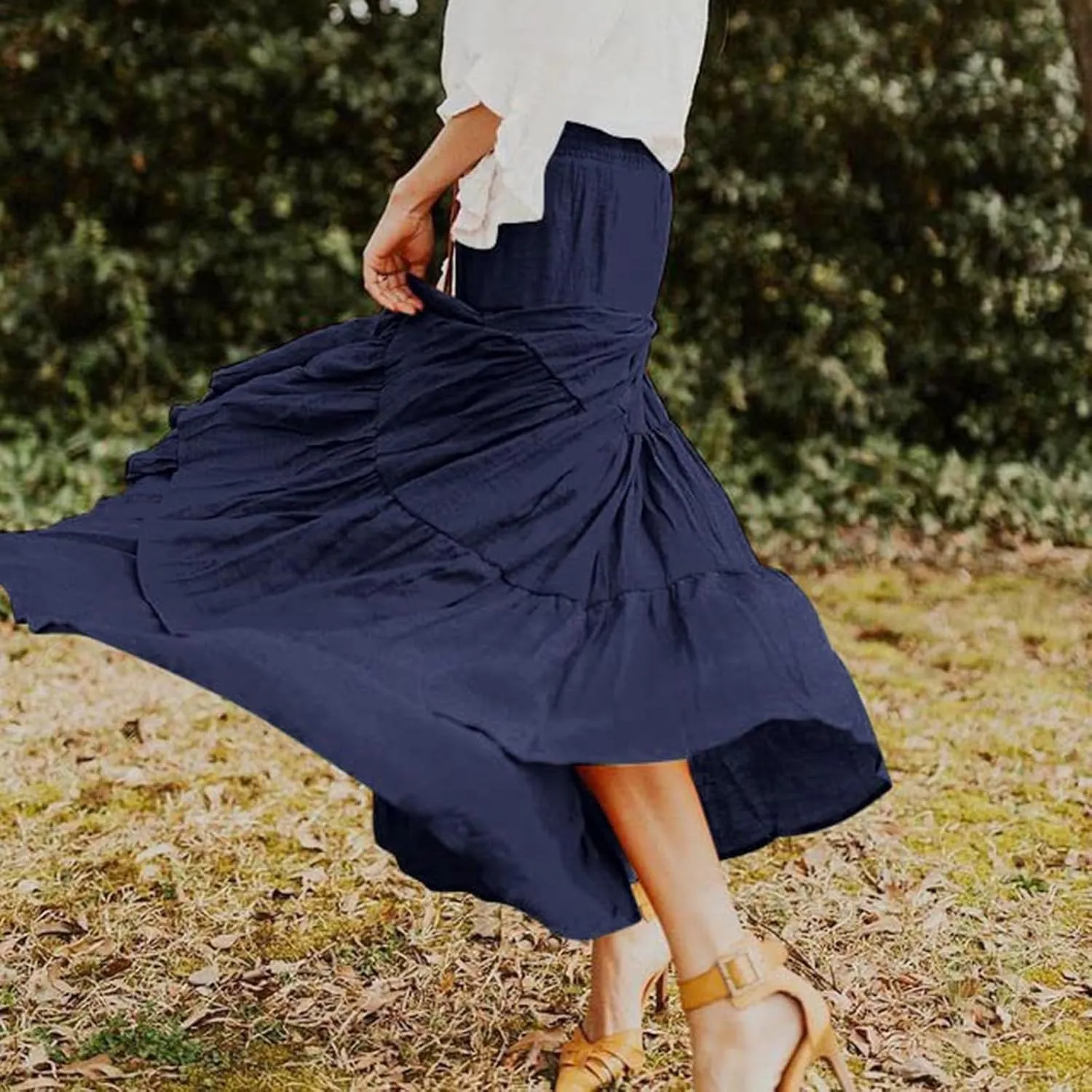 Women's Skirts Summer Boho Elastic Waist A-Line Beach Flowy Swing Dress Ruffle Hem Tiered Maxi Skirt with Pockets