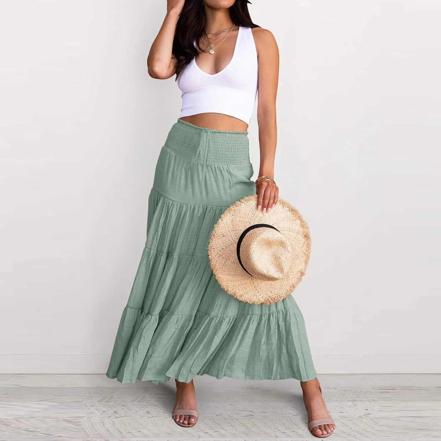 Women's Skirts Summer Boho Elastic Waist A-Line Beach Flowy Swing Dress Ruffle Hem Tiered Maxi Skirt with Pockets