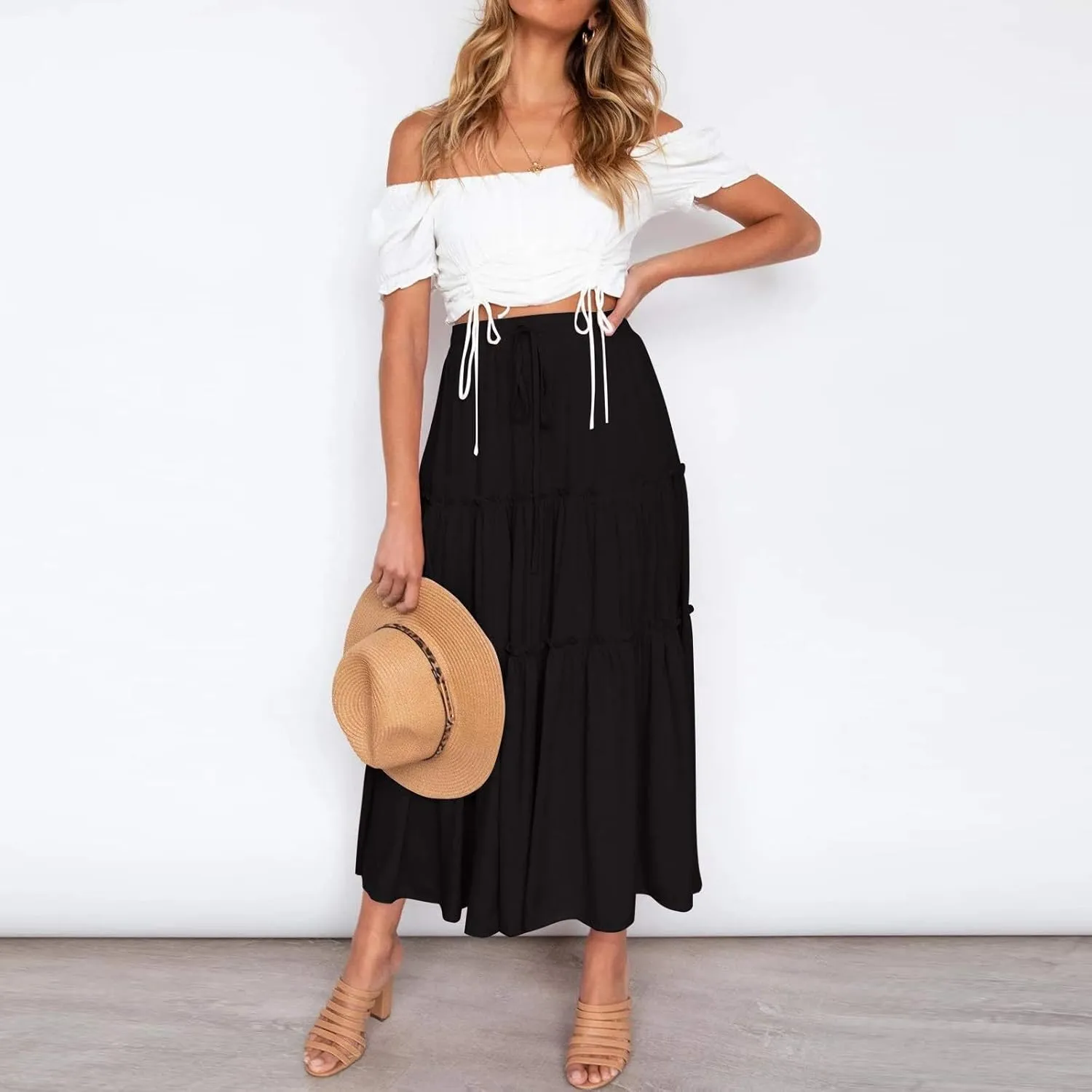 Women's Skirts Summer Boho Elastic Waist A-Line Beach Flowy Swing Dress Ruffle Hem Tiered Maxi Skirt with Pockets