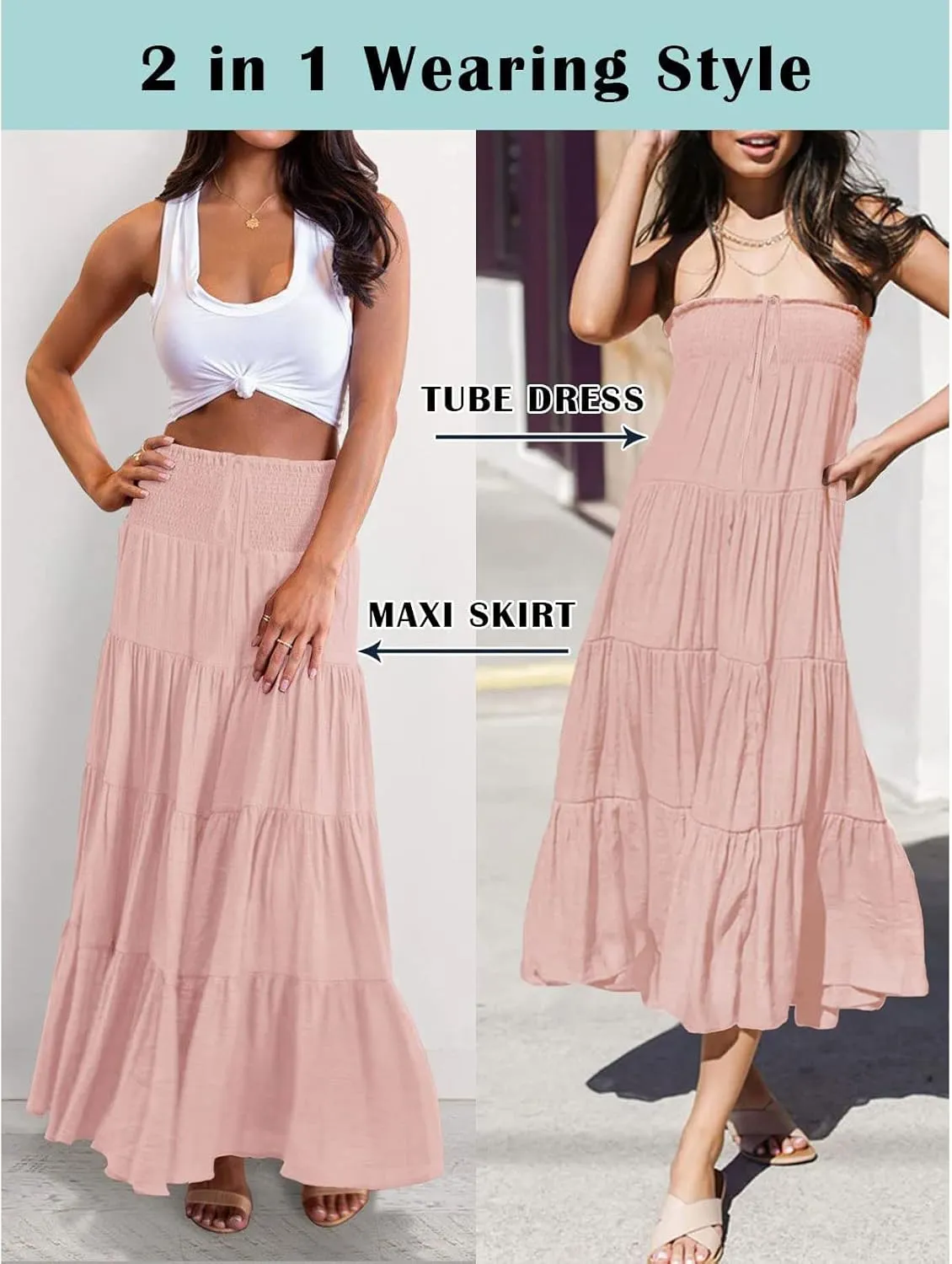 Women's Skirts Summer Boho Elastic Waist A-Line Beach Flowy Swing Dress Ruffle Hem Tiered Maxi Skirt with Pockets