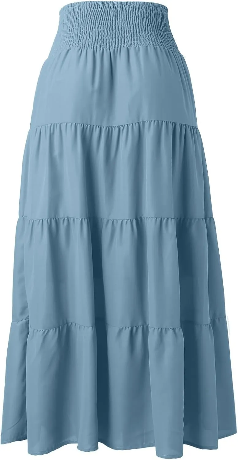 Women's Skirts Summer Boho Elastic Waist A-Line Beach Flowy Swing Dress Ruffle Hem Tiered Maxi Skirt with Pockets