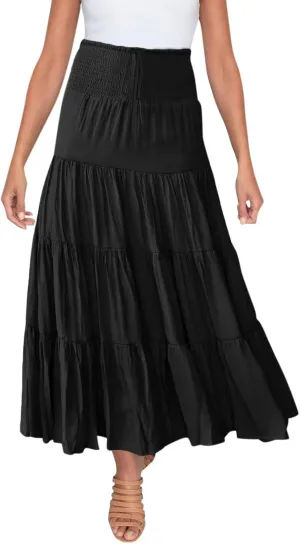 Women's Skirts Summer Boho Elastic Waist A-Line Beach Flowy Swing Dress Ruffle Hem Tiered Maxi Skirt with Pockets