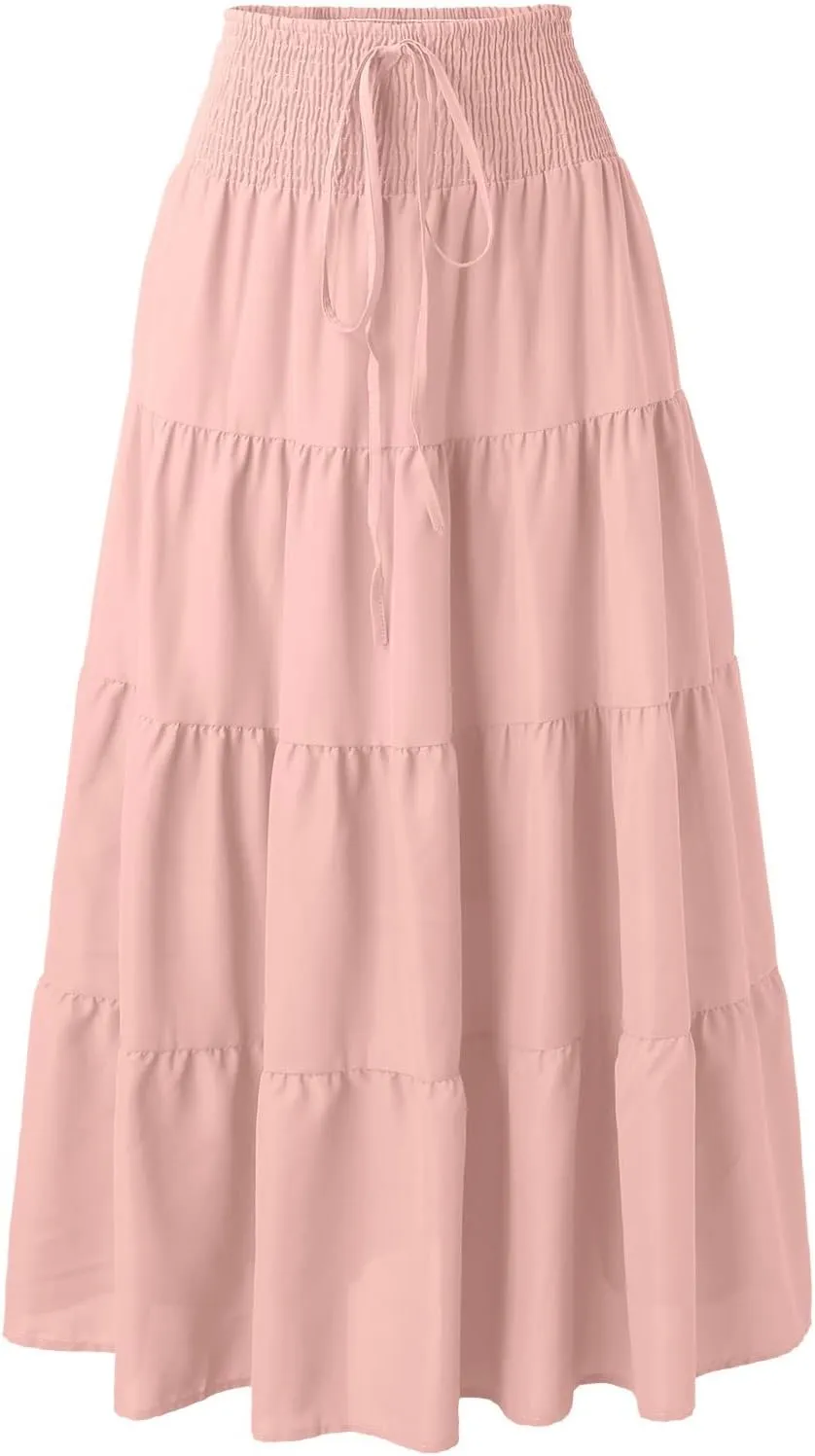 Women's Skirts Summer Boho Elastic Waist A-Line Beach Flowy Swing Dress Ruffle Hem Tiered Maxi Skirt with Pockets