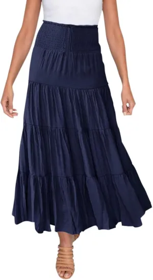 Women's Skirts Summer Boho Elastic Waist A-Line Beach Flowy Swing Dress Ruffle Hem Tiered Maxi Skirt with Pockets