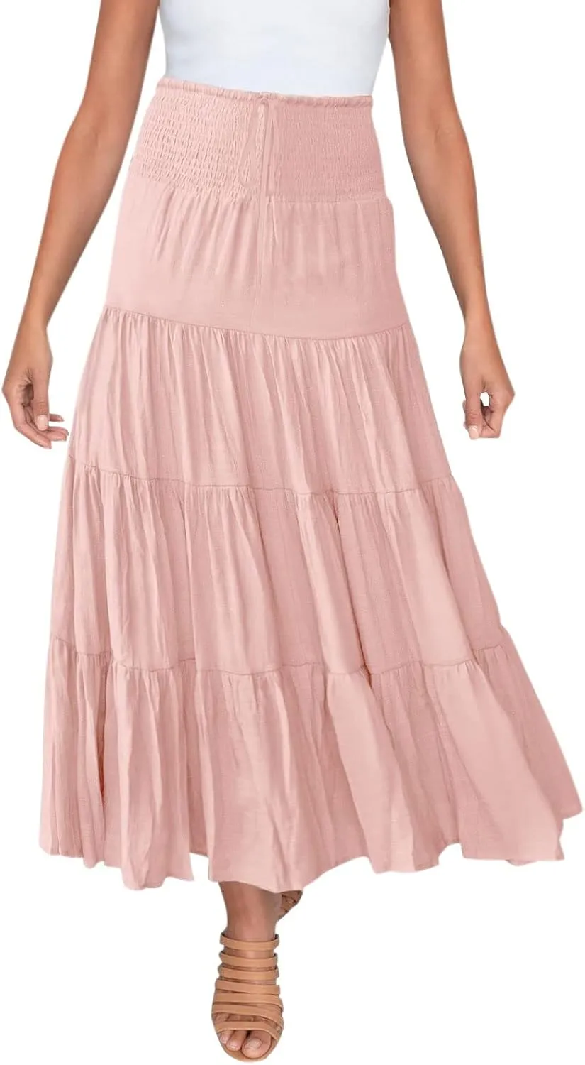 Women's Skirts Summer Boho Elastic Waist A-Line Beach Flowy Swing Dress Ruffle Hem Tiered Maxi Skirt with Pockets