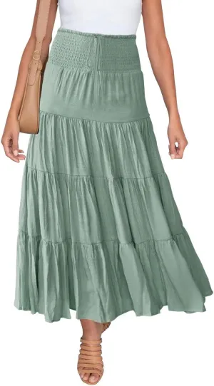 Women's Skirts Summer Boho Elastic Waist A-Line Beach Flowy Swing Dress Ruffle Hem Tiered Maxi Skirt with Pockets