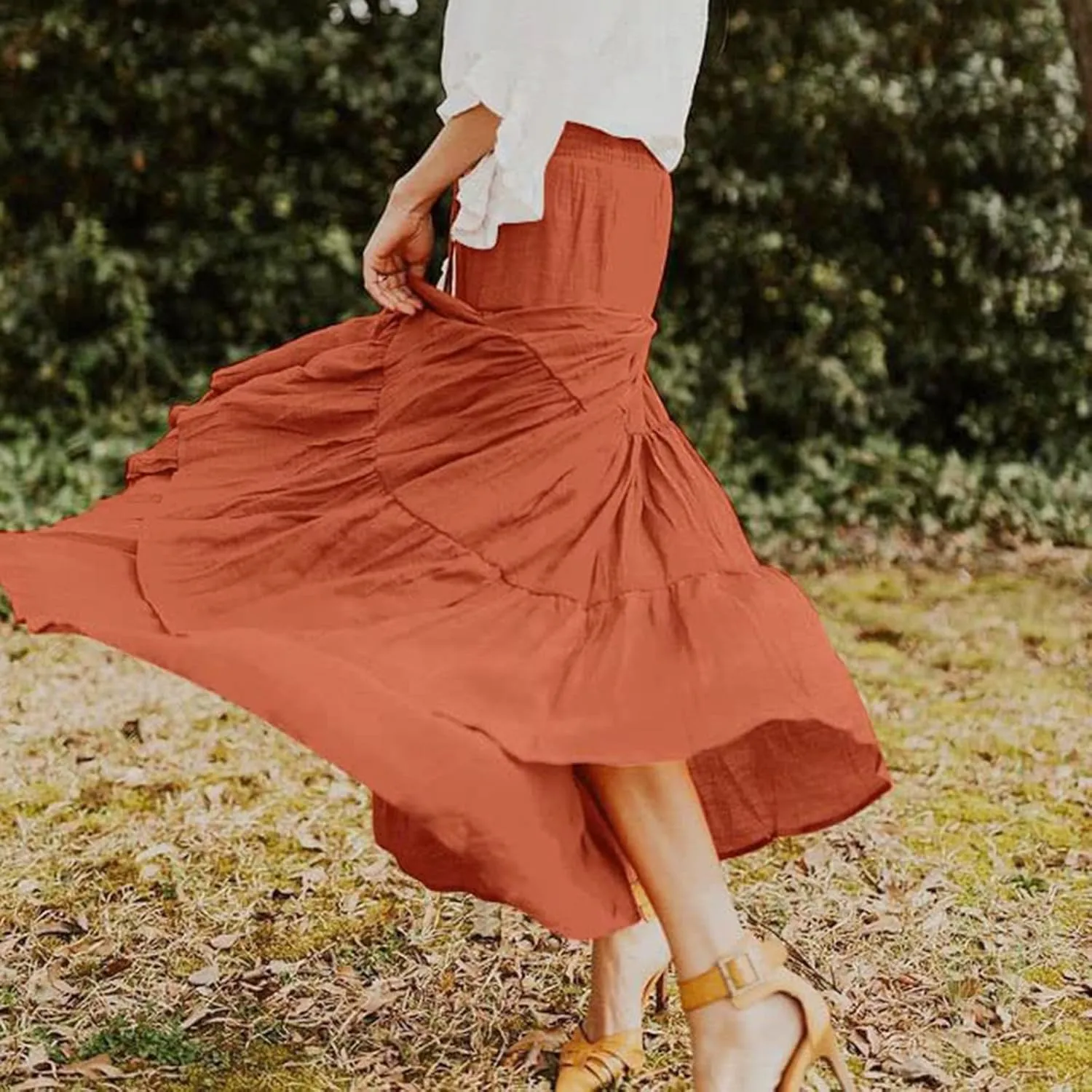 Women's Skirts Summer Boho Elastic Waist A-Line Beach Flowy Swing Dress Ruffle Hem Tiered Maxi Skirt with Pockets