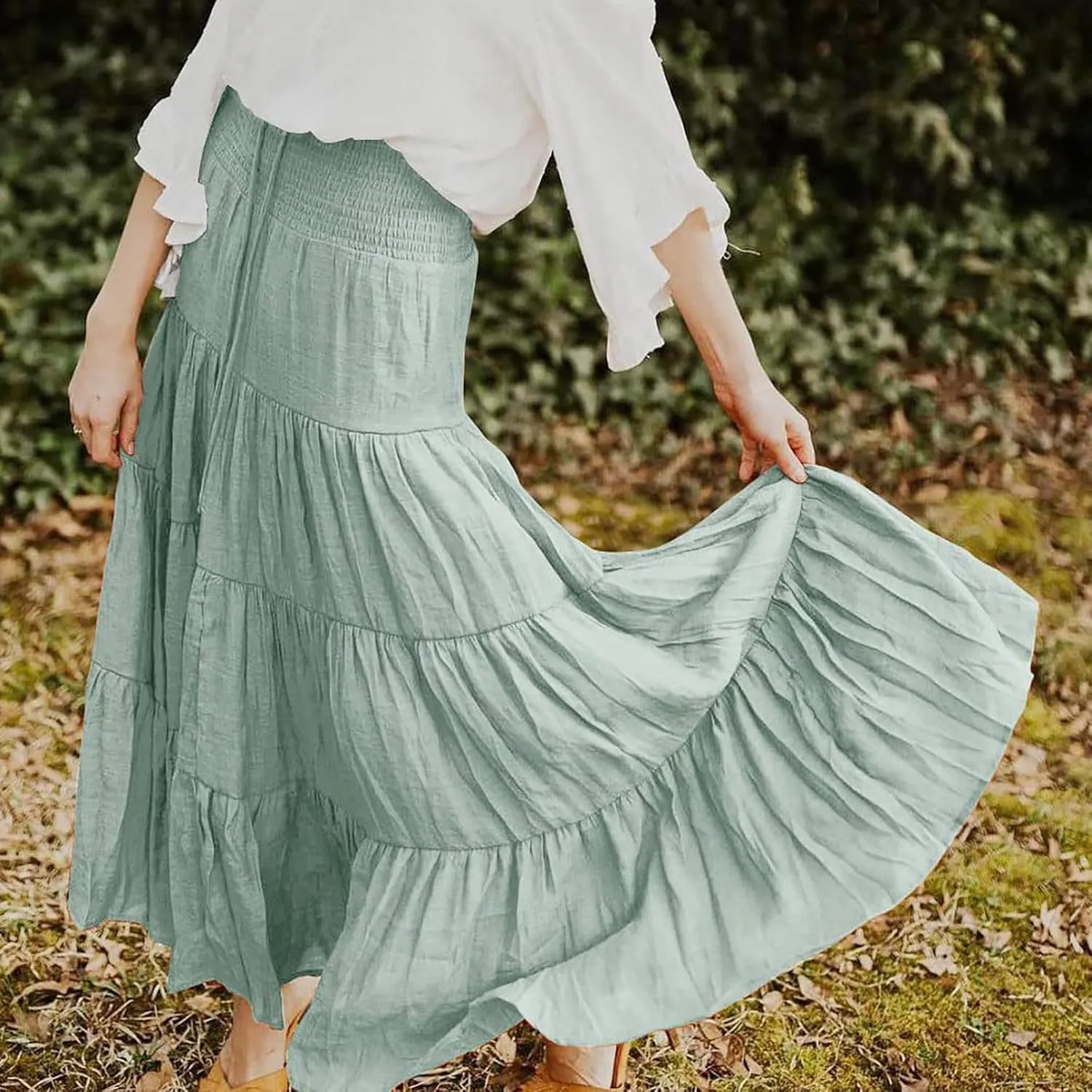 Women's Skirts Summer Boho Elastic Waist A-Line Beach Flowy Swing Dress Ruffle Hem Tiered Maxi Skirt with Pockets