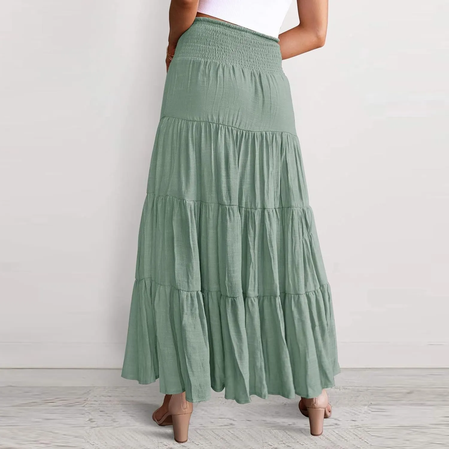 Women's Skirts Summer Boho Elastic Waist A-Line Beach Flowy Swing Dress Ruffle Hem Tiered Maxi Skirt with Pockets