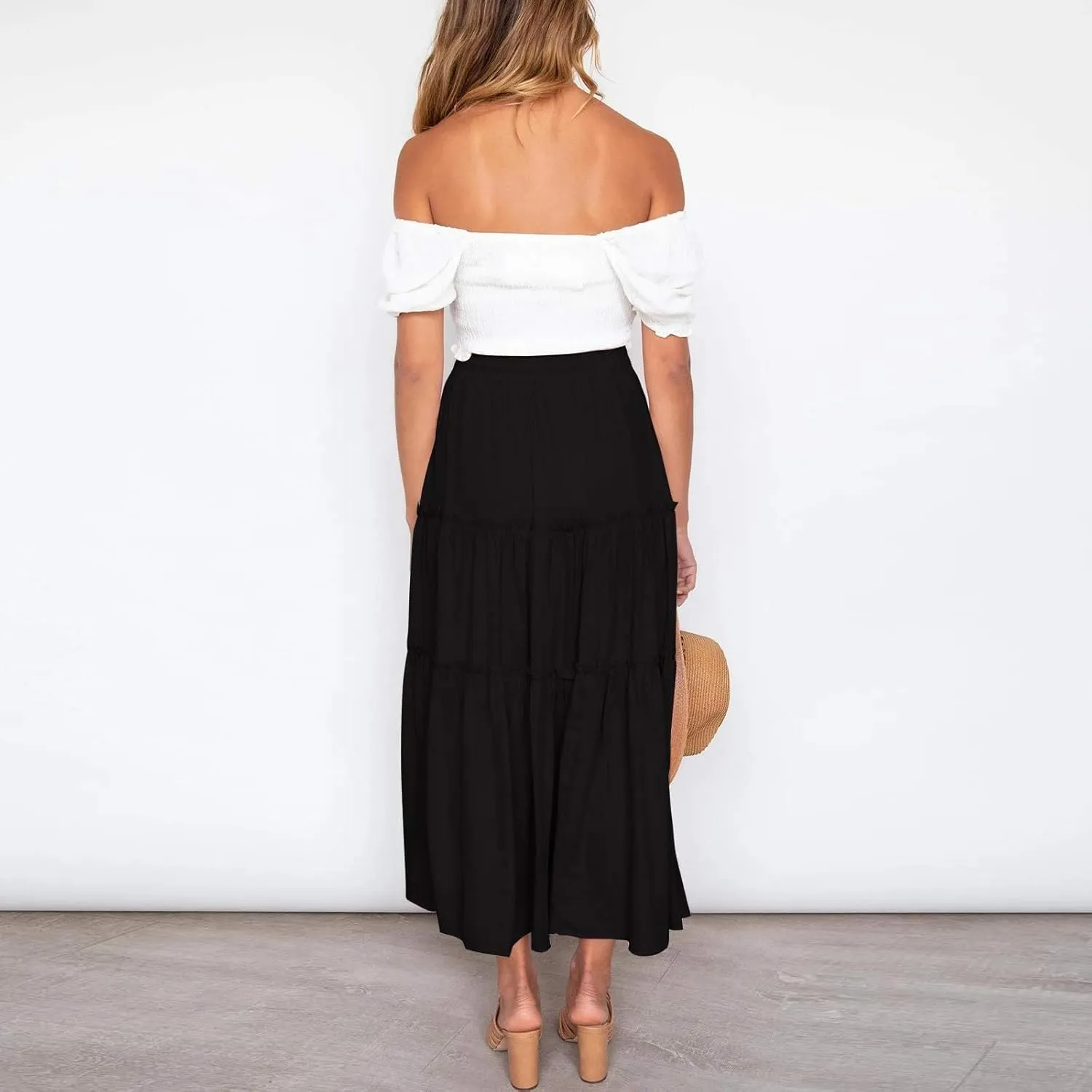 Women's Skirts Summer Boho Elastic Waist A-Line Beach Flowy Swing Dress Ruffle Hem Tiered Maxi Skirt with Pockets