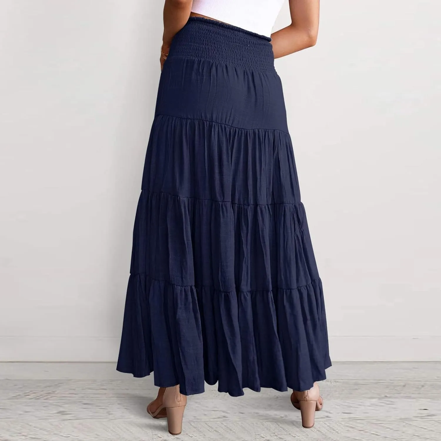 Women's Skirts Summer Boho Elastic Waist A-Line Beach Flowy Swing Dress Ruffle Hem Tiered Maxi Skirt with Pockets