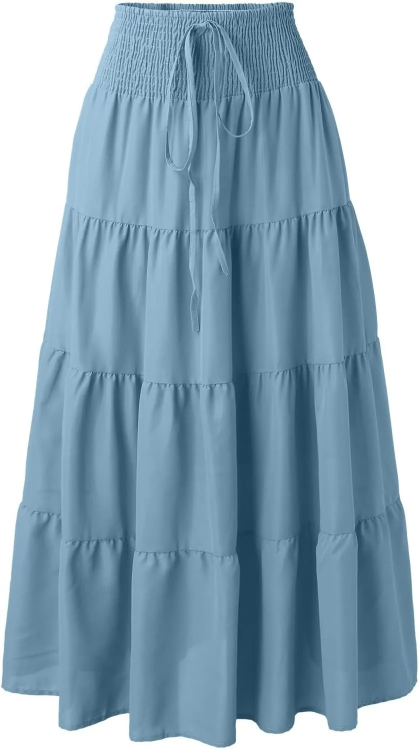 Women's Skirts Summer Boho Elastic Waist A-Line Beach Flowy Swing Dress Ruffle Hem Tiered Maxi Skirt with Pockets