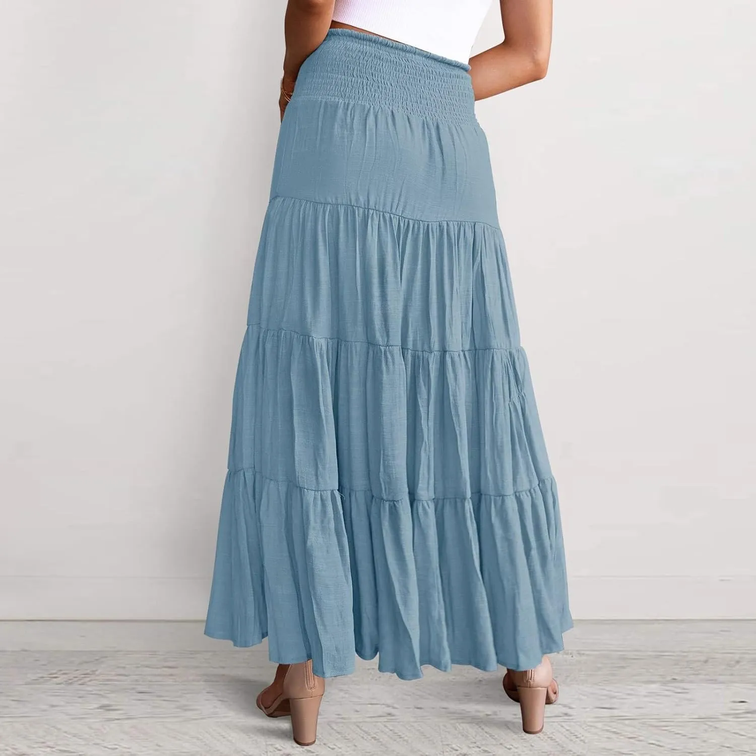Women's Skirts Summer Boho Elastic Waist A-Line Beach Flowy Swing Dress Ruffle Hem Tiered Maxi Skirt with Pockets