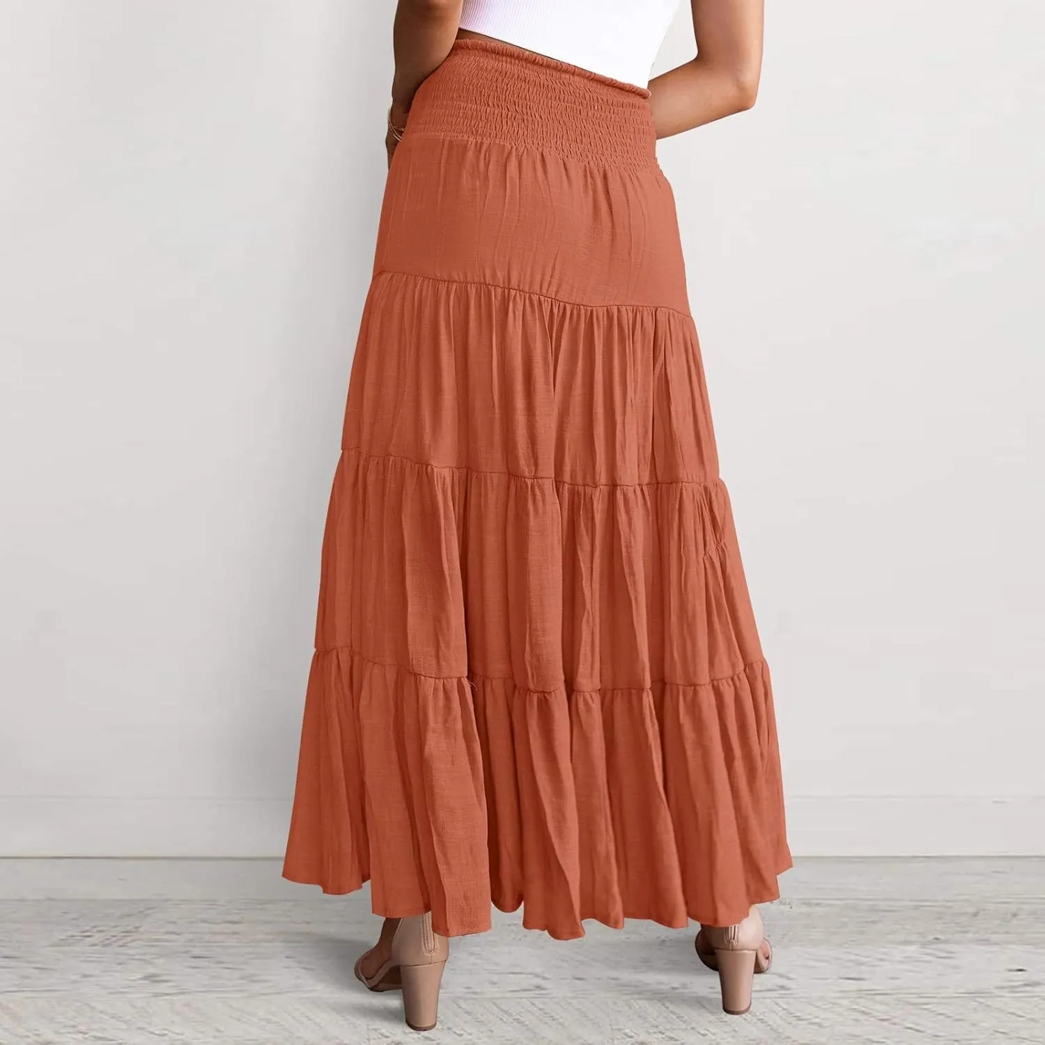 Women's Skirts Summer Boho Elastic Waist A-Line Beach Flowy Swing Dress Ruffle Hem Tiered Maxi Skirt with Pockets