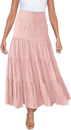 Women's Skirts Summer Boho Elastic Waist A-Line Beach Flowy Swing Dress Ruffle Hem Tiered Maxi Skirt with Pockets