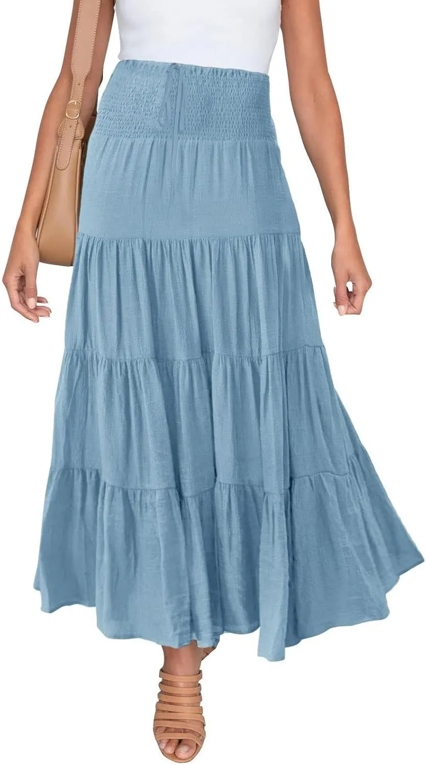 Women's Skirts Summer Boho Elastic Waist A-Line Beach Flowy Swing Dress Ruffle Hem Tiered Maxi Skirt with Pockets