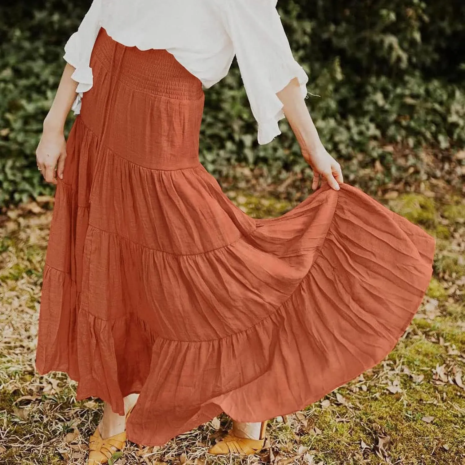 Women's Skirts Summer Boho Elastic Waist A-Line Beach Flowy Swing Dress Ruffle Hem Tiered Maxi Skirt with Pockets