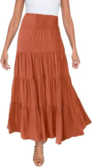 Women's Skirts Summer Boho Elastic Waist A-Line Beach Flowy Swing Dress Ruffle Hem Tiered Maxi Skirt with Pockets