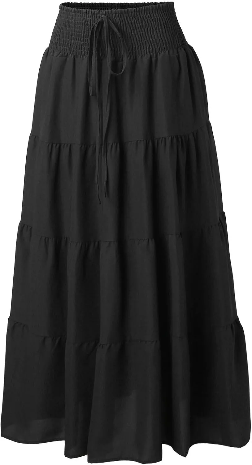 Women's Skirts Summer Boho Elastic Waist A-Line Beach Flowy Swing Dress Ruffle Hem Tiered Maxi Skirt with Pockets