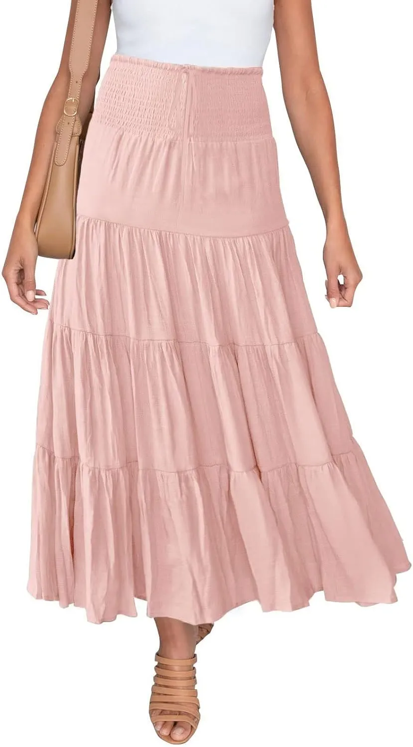 Women's Skirts Summer Boho Elastic Waist A-Line Beach Flowy Swing Dress Ruffle Hem Tiered Maxi Skirt with Pockets