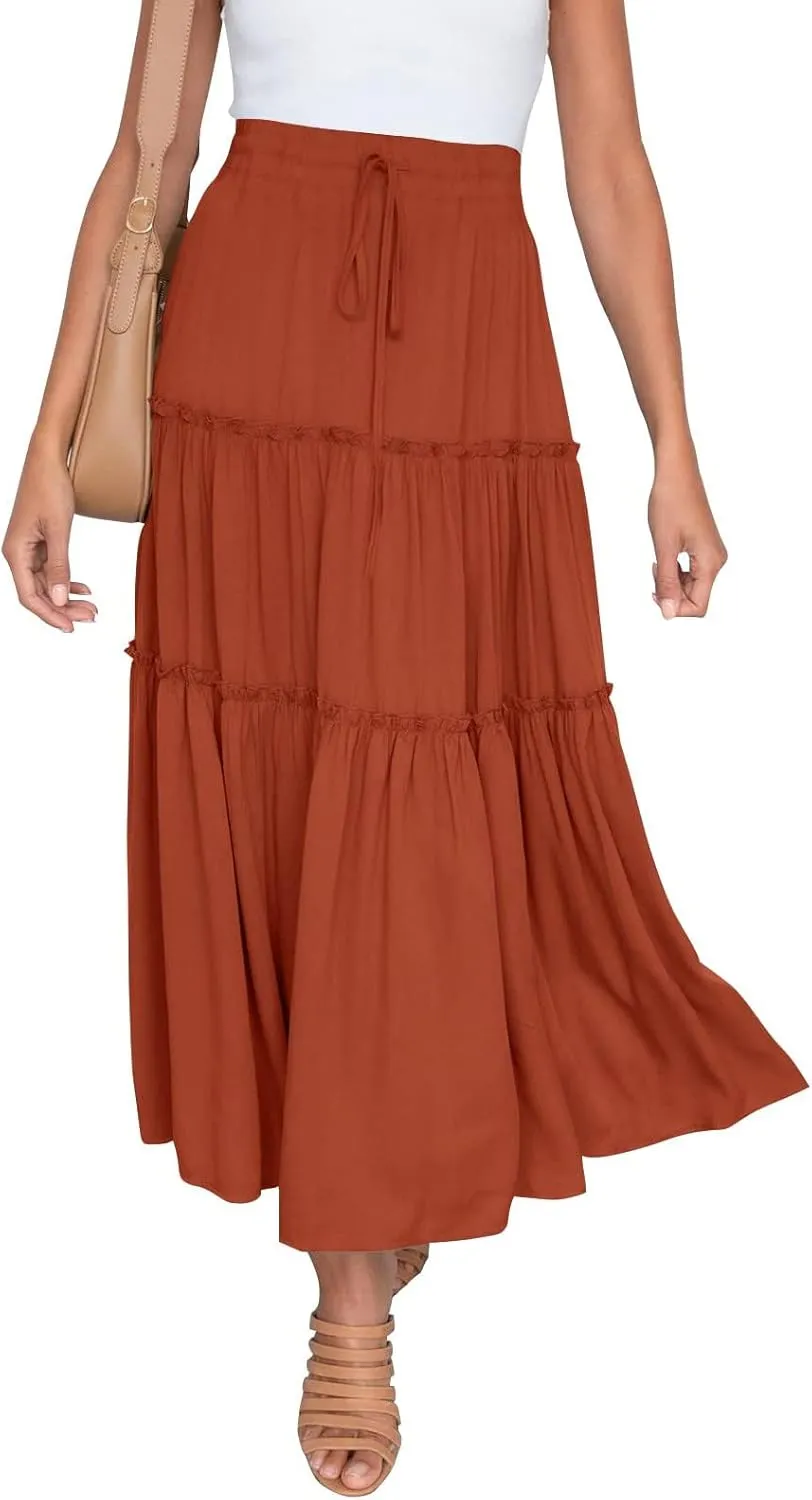Women's Skirts Summer Boho Elastic Waist A-Line Beach Flowy Swing Dress Ruffle Hem Tiered Maxi Skirt with Pockets