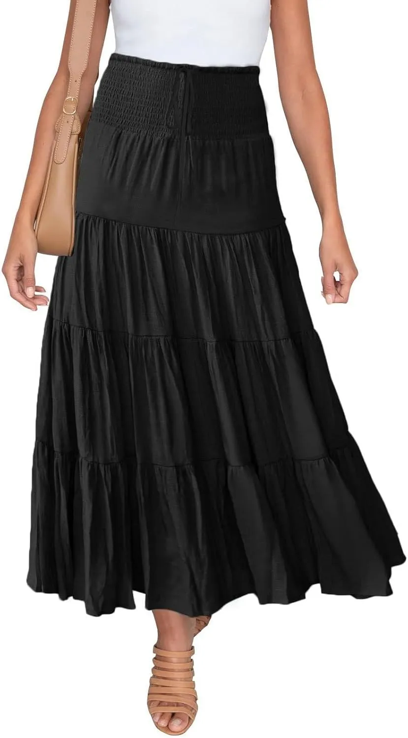 Women's Skirts Summer Boho Elastic Waist A-Line Beach Flowy Swing Dress Ruffle Hem Tiered Maxi Skirt with Pockets