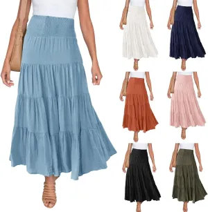Women's Skirts Summer Boho Elastic Waist A-Line Beach Flowy Swing Dress Ruffle Hem Tiered Maxi Skirt with Pockets