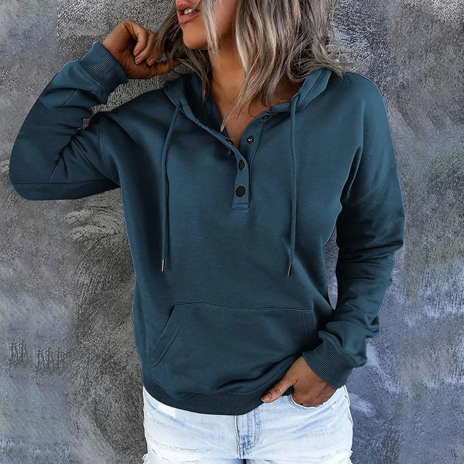 Womens Slub Knit Full-Zip Hoodie Long Sweatshirts Button Sleeve Casual Pullover V Drawstring Neck Hooded Down