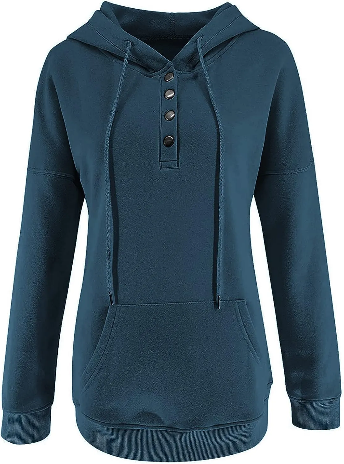 Womens Slub Knit Full-Zip Hoodie Long Sweatshirts Button Sleeve Casual Pullover V Drawstring Neck Hooded Down