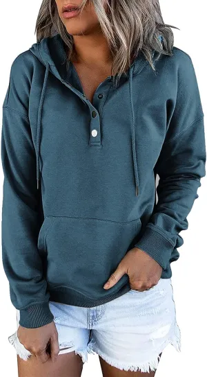 Womens Slub Knit Full-Zip Hoodie Long Sweatshirts Button Sleeve Casual Pullover V Drawstring Neck Hooded Down