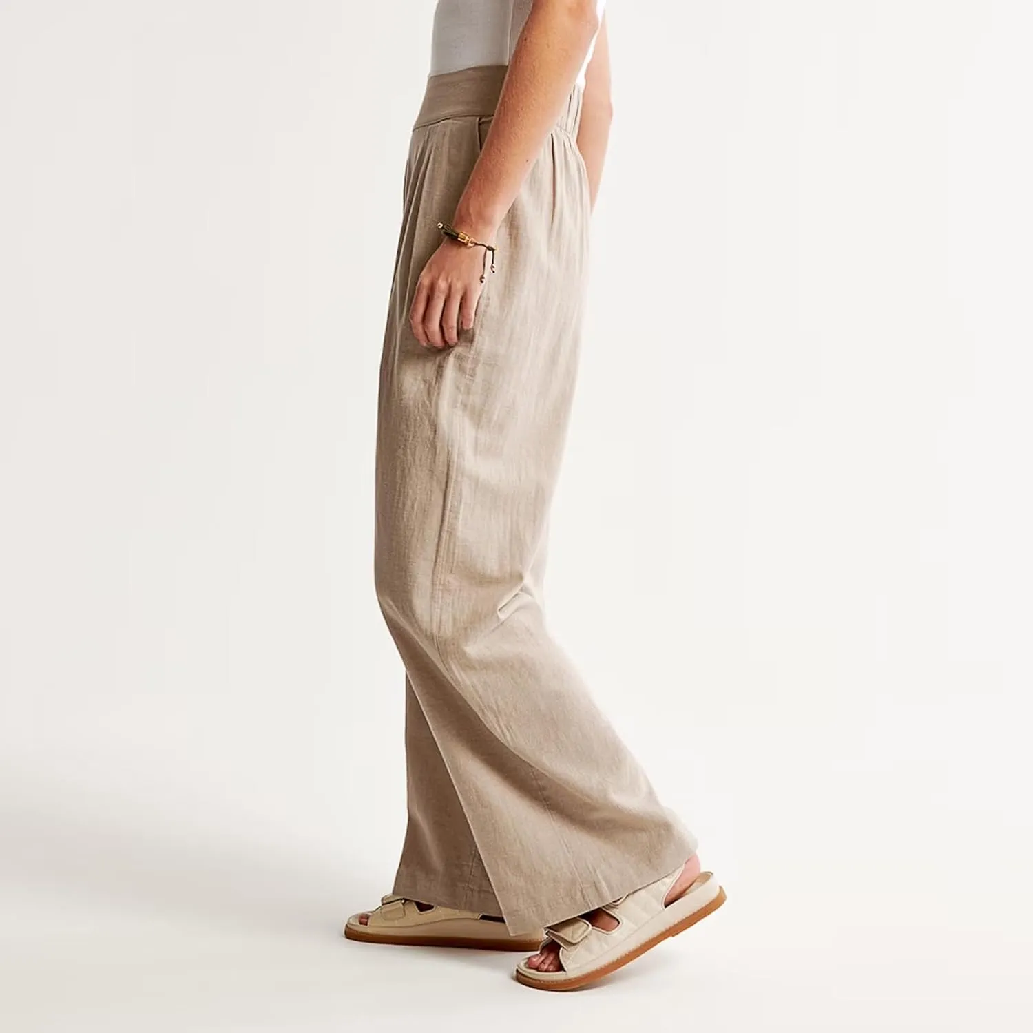 Women's Smocked High Waisted Cotton Linen Wide Leg Pants Palazzo with Pockets Casual High Waist Long Pants Trousers