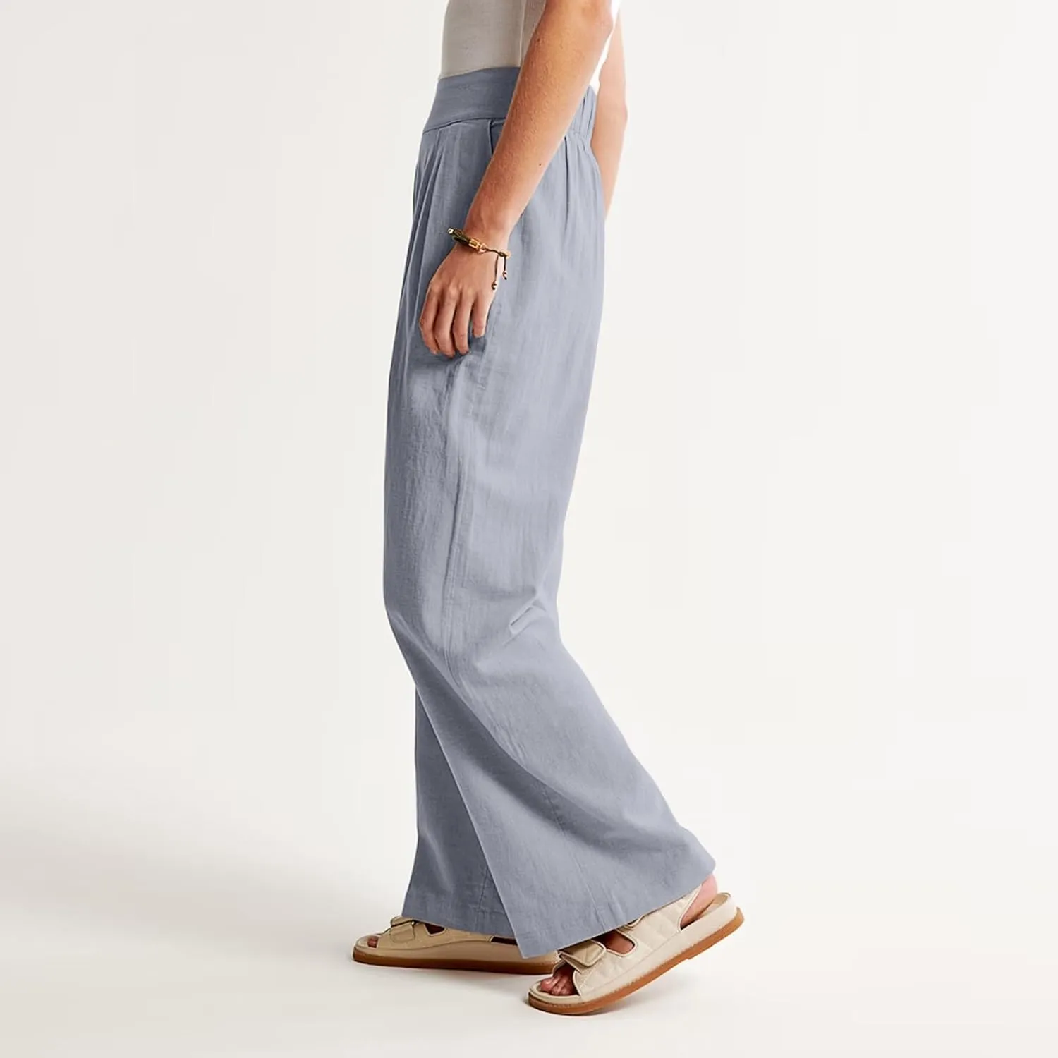 Women's Smocked High Waisted Cotton Linen Wide Leg Pants Palazzo with Pockets Casual High Waist Long Pants Trousers