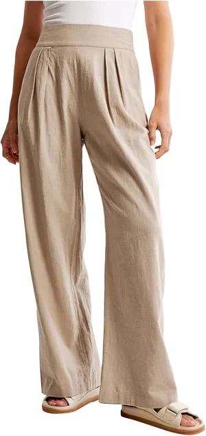 Women's Smocked High Waisted Cotton Linen Wide Leg Pants Palazzo with Pockets Casual High Waist Long Pants Trousers