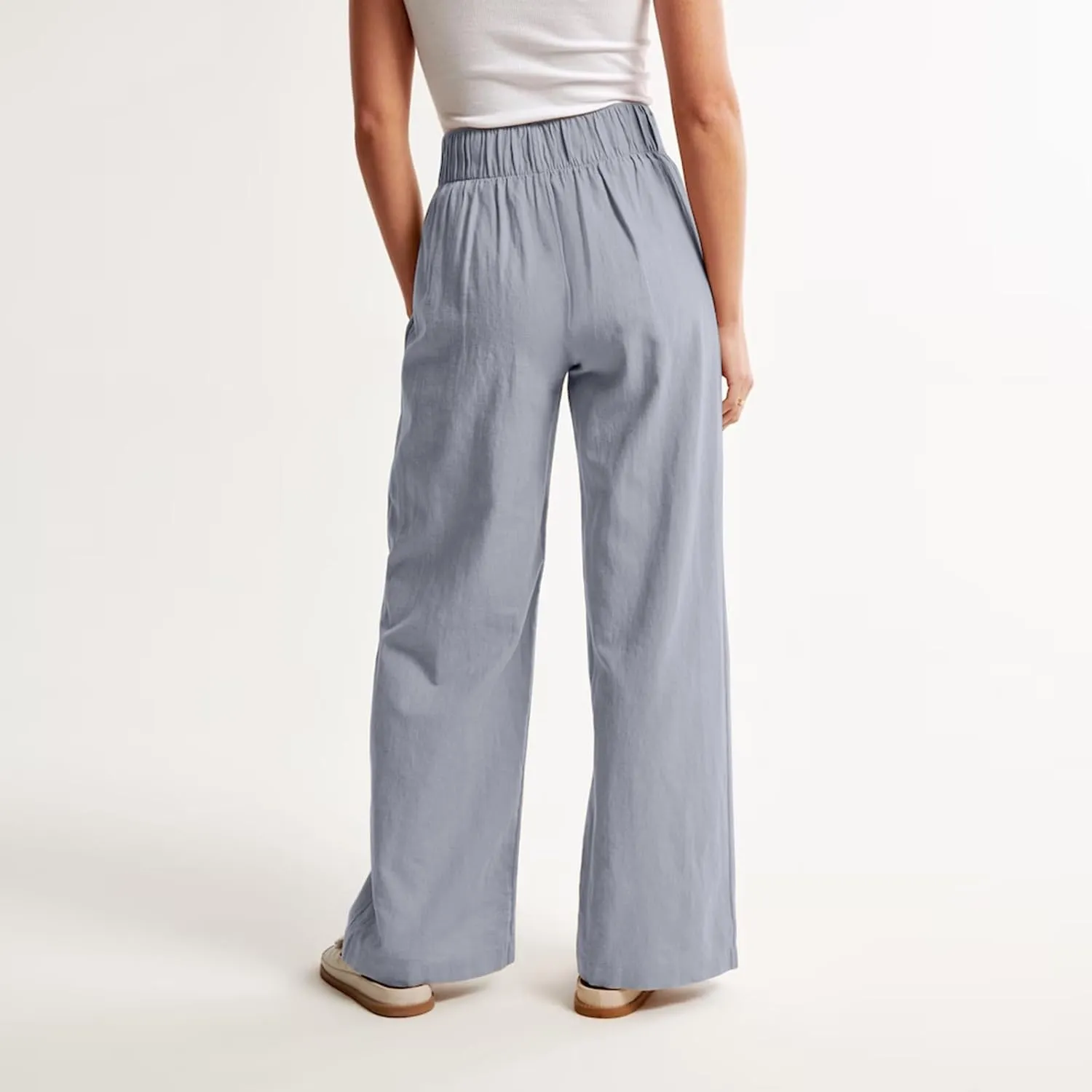 Women's Smocked High Waisted Cotton Linen Wide Leg Pants Palazzo with Pockets Casual High Waist Long Pants Trousers