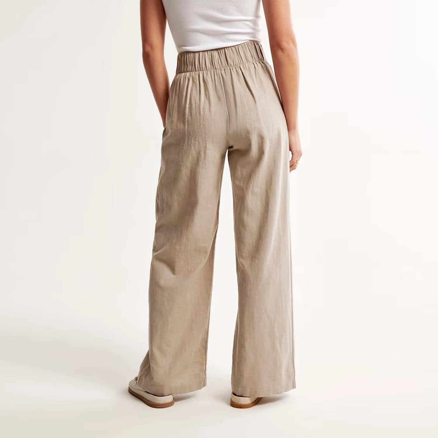 Women's Smocked High Waisted Cotton Linen Wide Leg Pants Palazzo with Pockets Casual High Waist Long Pants Trousers