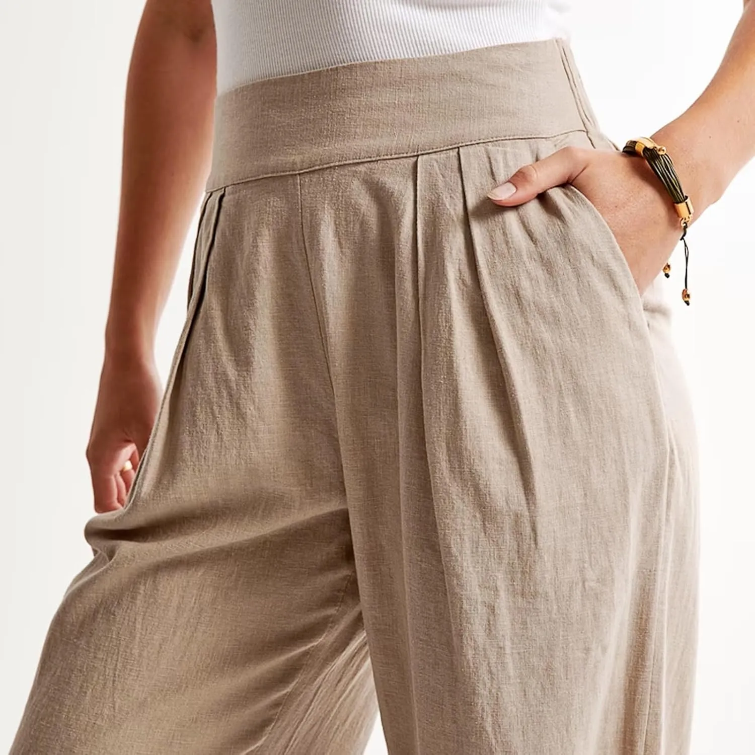 Women's Smocked High Waisted Cotton Linen Wide Leg Pants Palazzo with Pockets Casual High Waist Long Pants Trousers