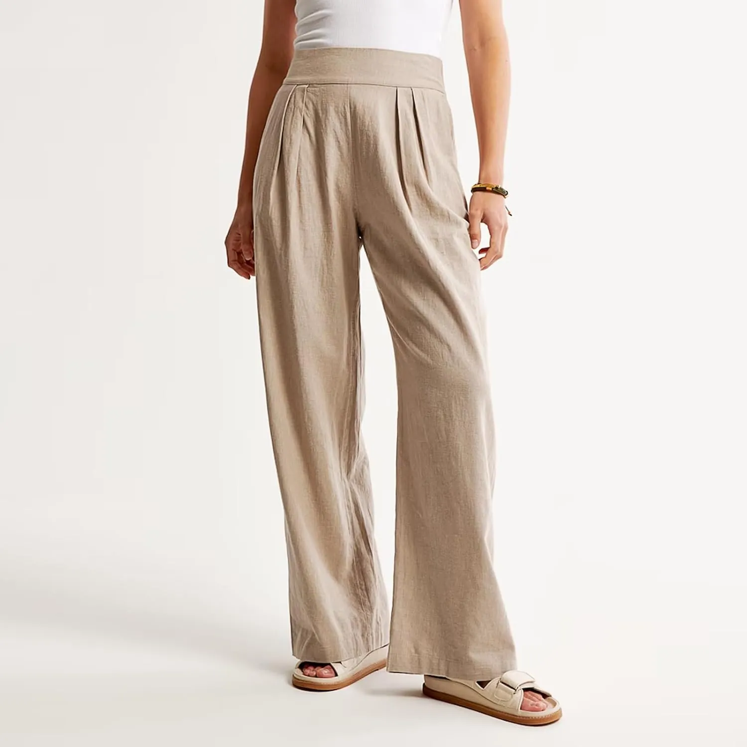 Women's Smocked High Waisted Cotton Linen Wide Leg Pants Palazzo with Pockets Casual High Waist Long Pants Trousers