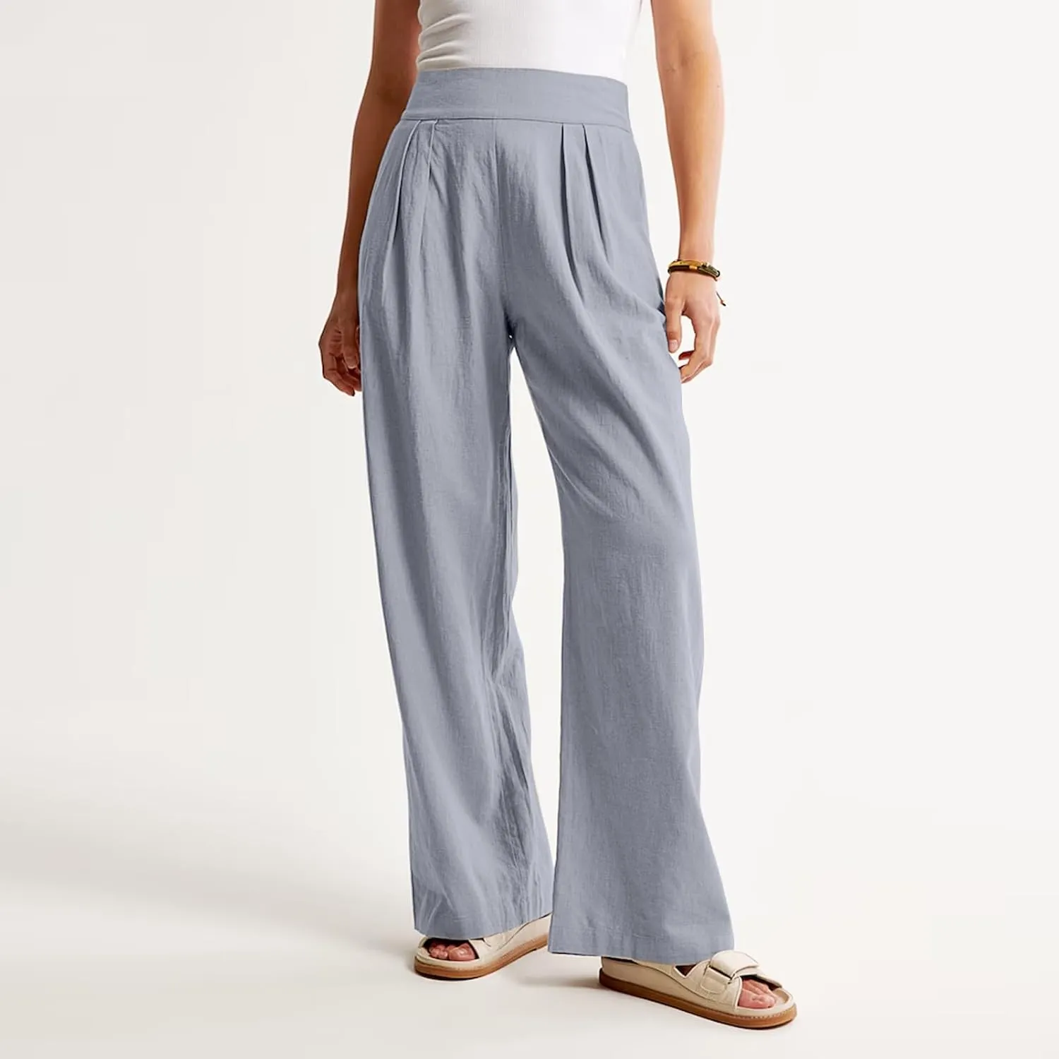 Women's Smocked High Waisted Cotton Linen Wide Leg Pants Palazzo with Pockets Casual High Waist Long Pants Trousers