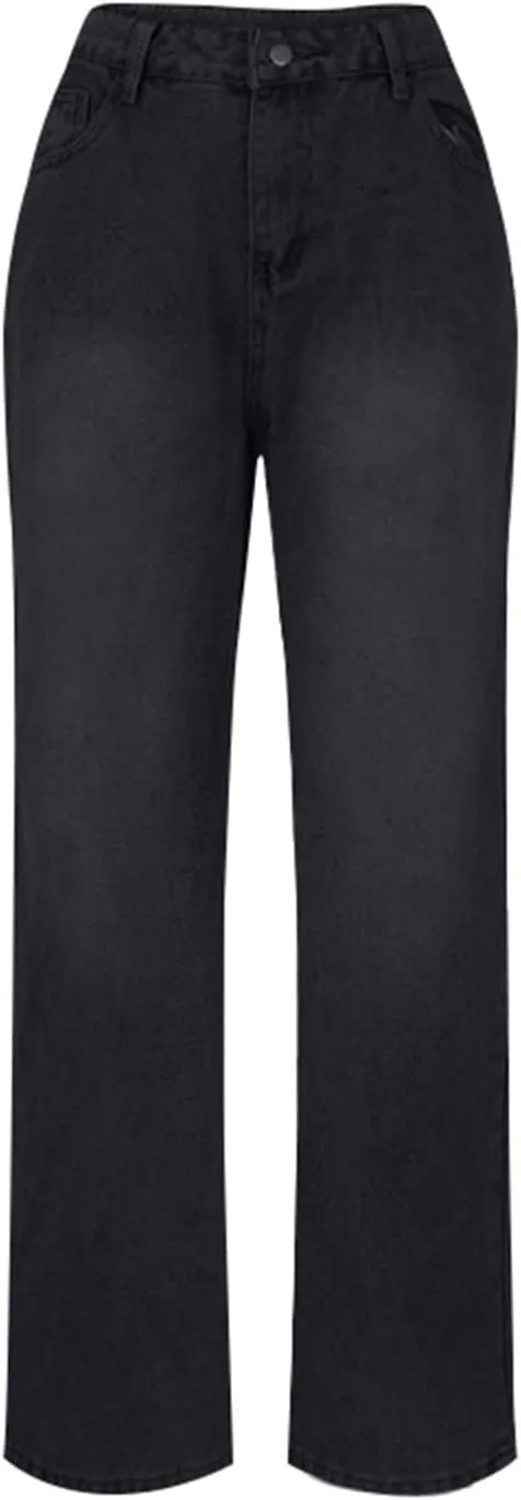 Women's Straight Leg Jeans, High Waisted Wide Leg Pants Loose Trendy Microelastic Boyfried Denim Pants with Pocket