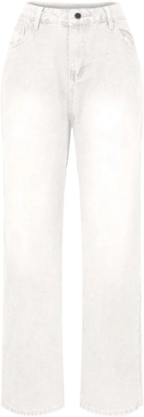 Women's Straight Leg Jeans, High Waisted Wide Leg Pants Loose Trendy Microelastic Boyfried Denim Pants with Pocket