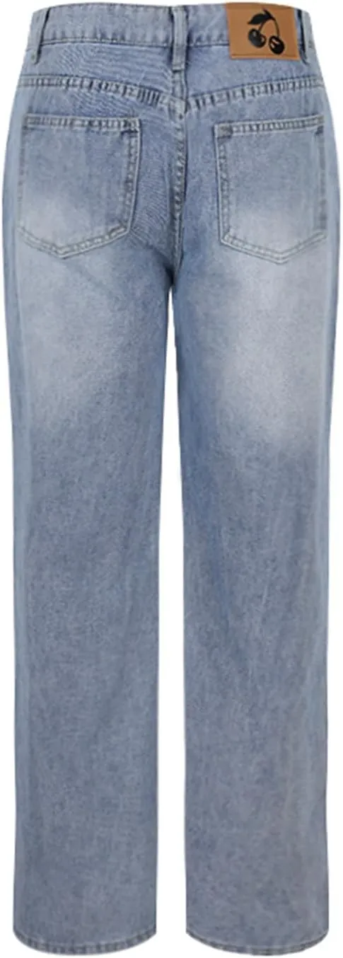 Women's Straight Leg Jeans, High Waisted Wide Leg Pants Loose Trendy Microelastic Boyfried Denim Pants with Pocket