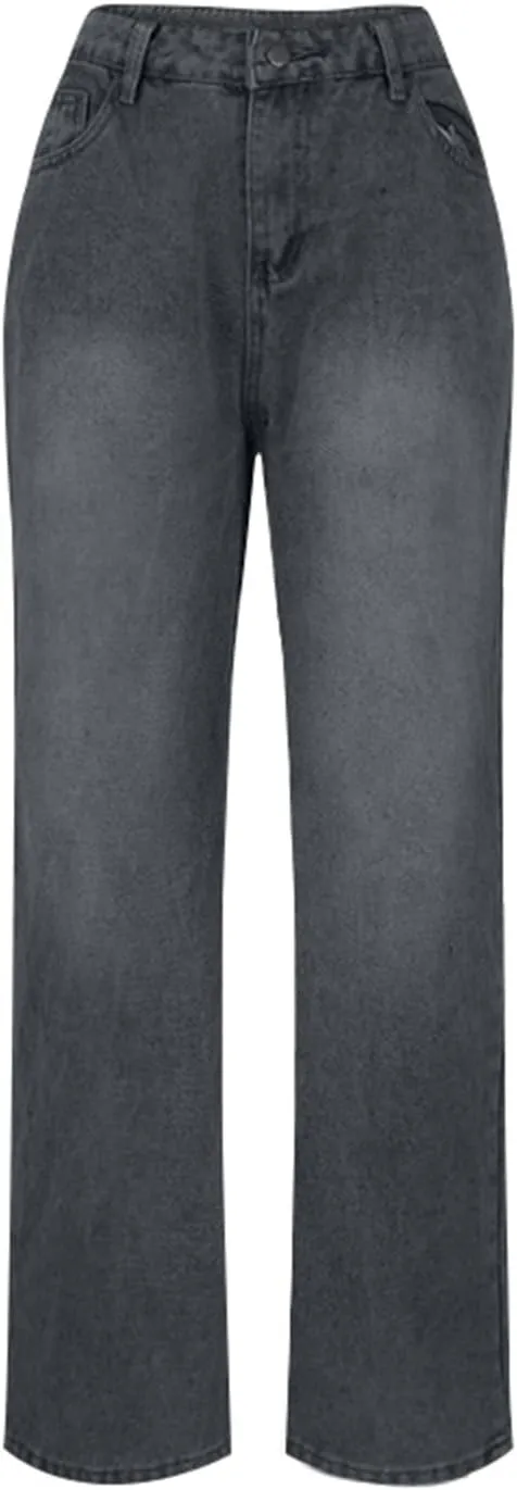 Women's Straight Leg Jeans, High Waisted Wide Leg Pants Loose Trendy Microelastic Boyfried Denim Pants with Pocket