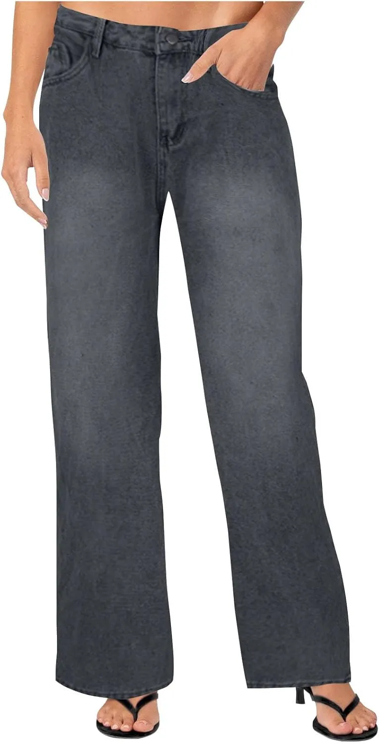 Women's Straight Leg Jeans, High Waisted Wide Leg Pants Loose Trendy Microelastic Boyfried Denim Pants with Pocket