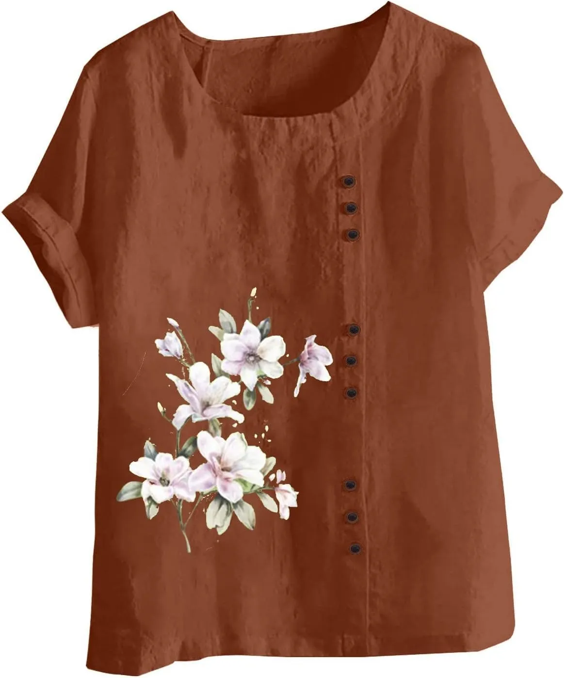 Women's Summer Boho Floral Cotton Linen Short Sleeve Tunic Top Dressy Casual Loose Plus Size Comfy Beach Shirt