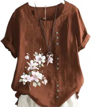 Women's Summer Boho Floral Cotton Linen Short Sleeve Tunic Top Dressy Casual Loose Plus Size Comfy Beach Shirt
