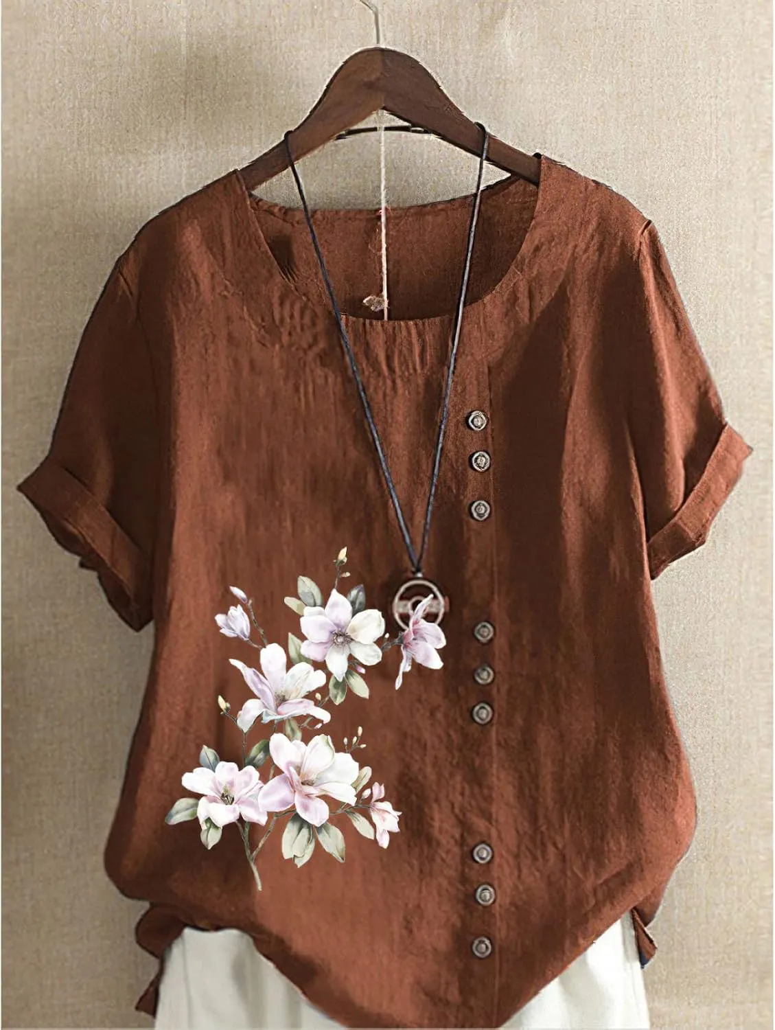 Women's Summer Boho Floral Cotton Linen Short Sleeve Tunic Top Dressy Casual Loose Plus Size Comfy Beach Shirt