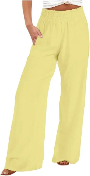 Womens Summer Boho Pants Business Casual Smocked 2025 High Waisted Trousers Summer Flowy Culottes with Pockets