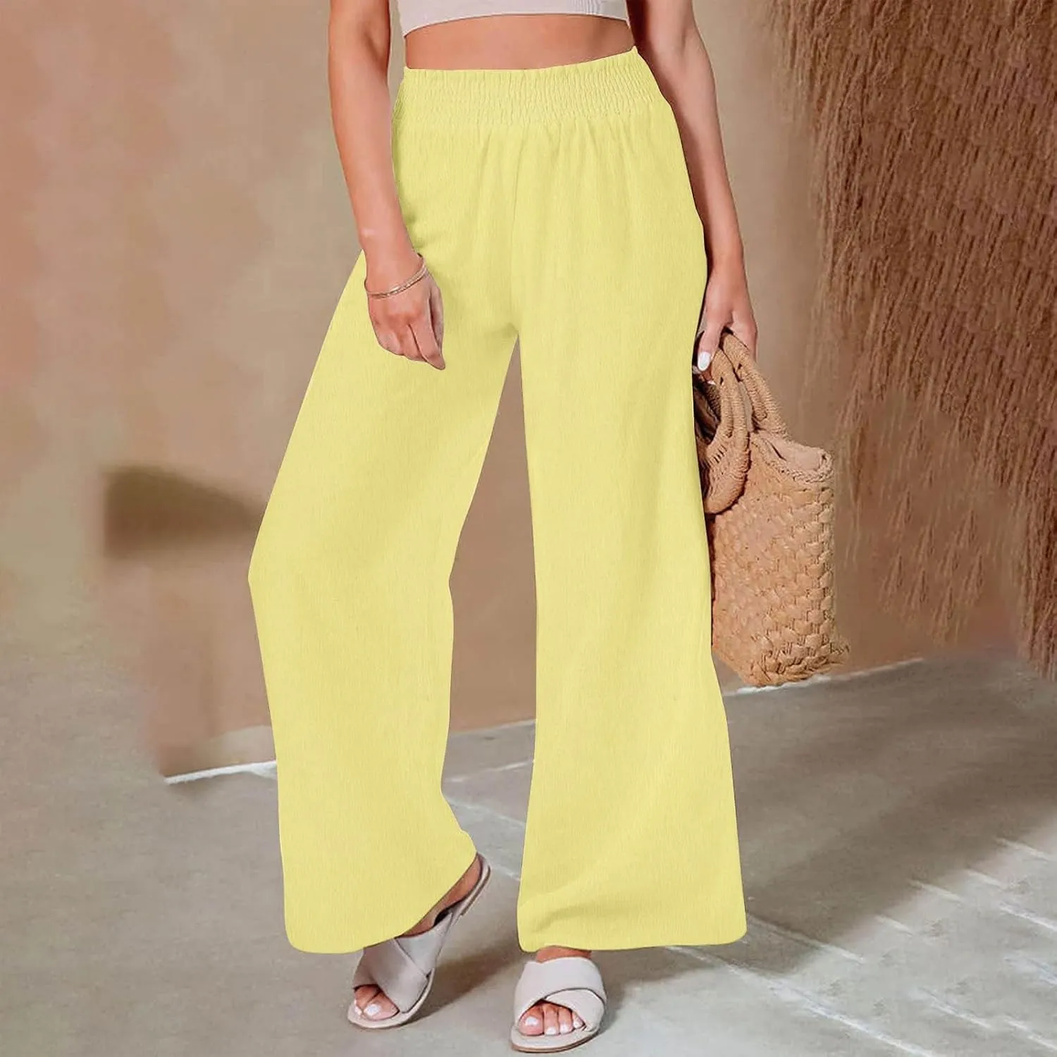 Womens Summer Boho Pants Business Casual Smocked 2025 High Waisted Trousers Summer Flowy Culottes with Pockets